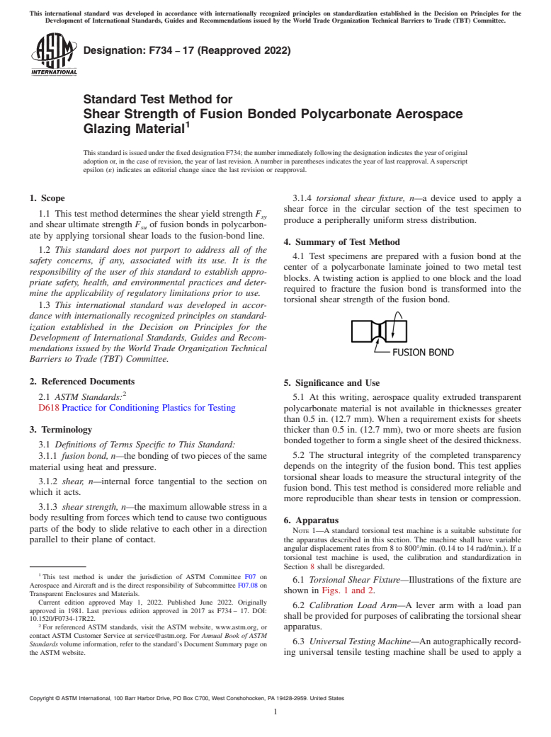 ASTM F734-17(2022) - Standard Test Method for  Shear Strength of Fusion Bonded Polycarbonate Aerospace Glazing  Material