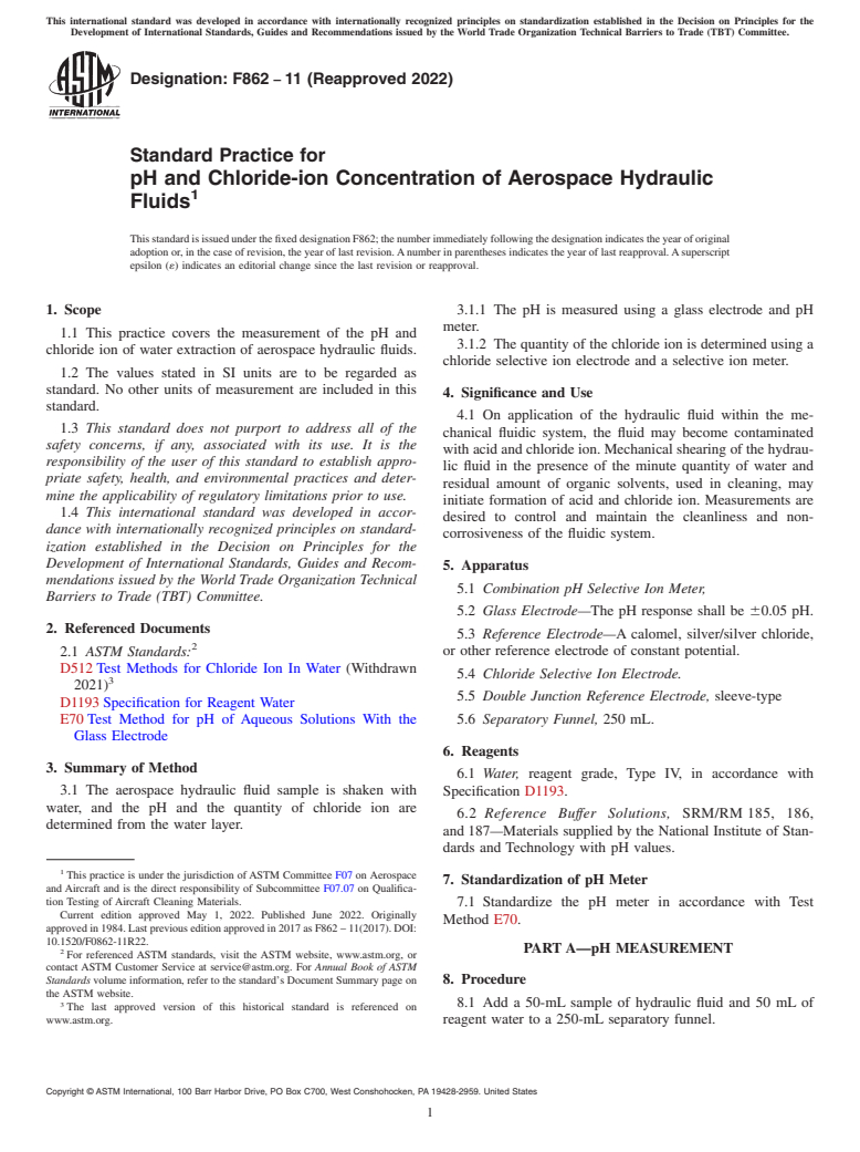 ASTM F862-11(2022) - Standard Practice for  pH and Chloride-ion Concentration of Aerospace Hydraulic Fluids