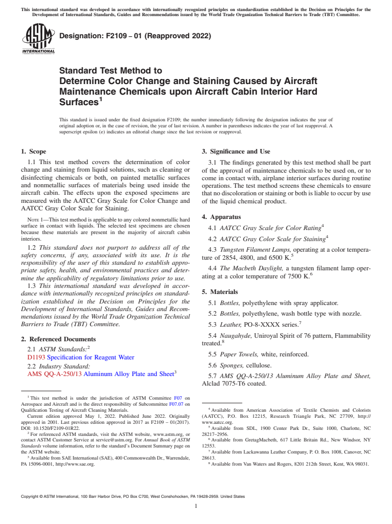 ASTM F2109-01(2022) - Standard Test Method to  Determine Color Change and Staining Caused by Aircraft Maintenance  Chemicals upon Aircraft Cabin Interior Hard Surfaces