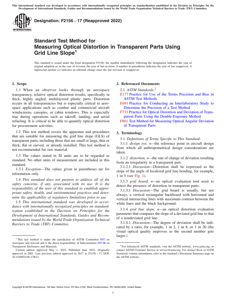 ASTM F2156-17(2022) - Standard Test Method for  Measuring Optical Distortion in Transparent Parts Using Grid  Line Slope