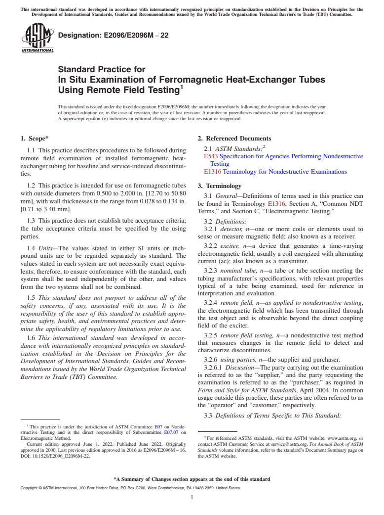 ASTM E2096/E2096M-22 - Standard Practice for In Situ Examination of Ferromagnetic Heat-Exchanger Tubes Using  Remote Field Testing