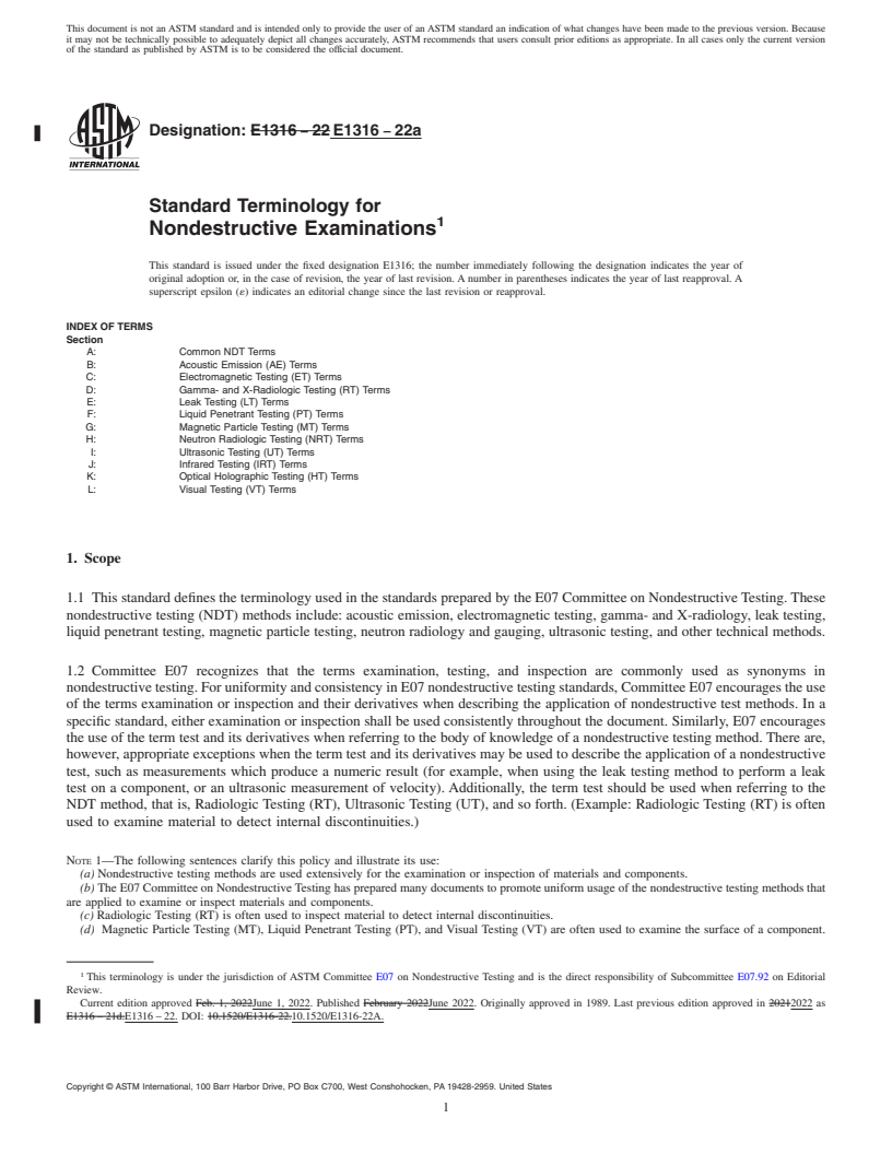 REDLINE ASTM E1316-22a - Standard Terminology for  Nondestructive Examinations