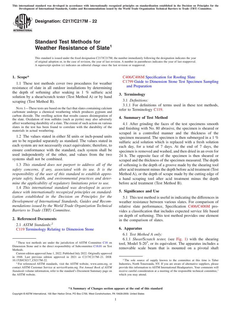 ASTM C217/C217M-22 - Standard Test Methods for  Weather Resistance of Slate