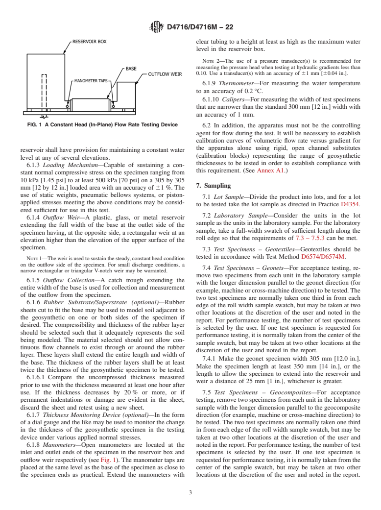ASTM D4716/D4716M-22 - Standard Test Method for Determining the (In-plane) Flow Rate per Unit Width and Hydraulic  Transmissivity of a Geosynthetic Using a Constant Head