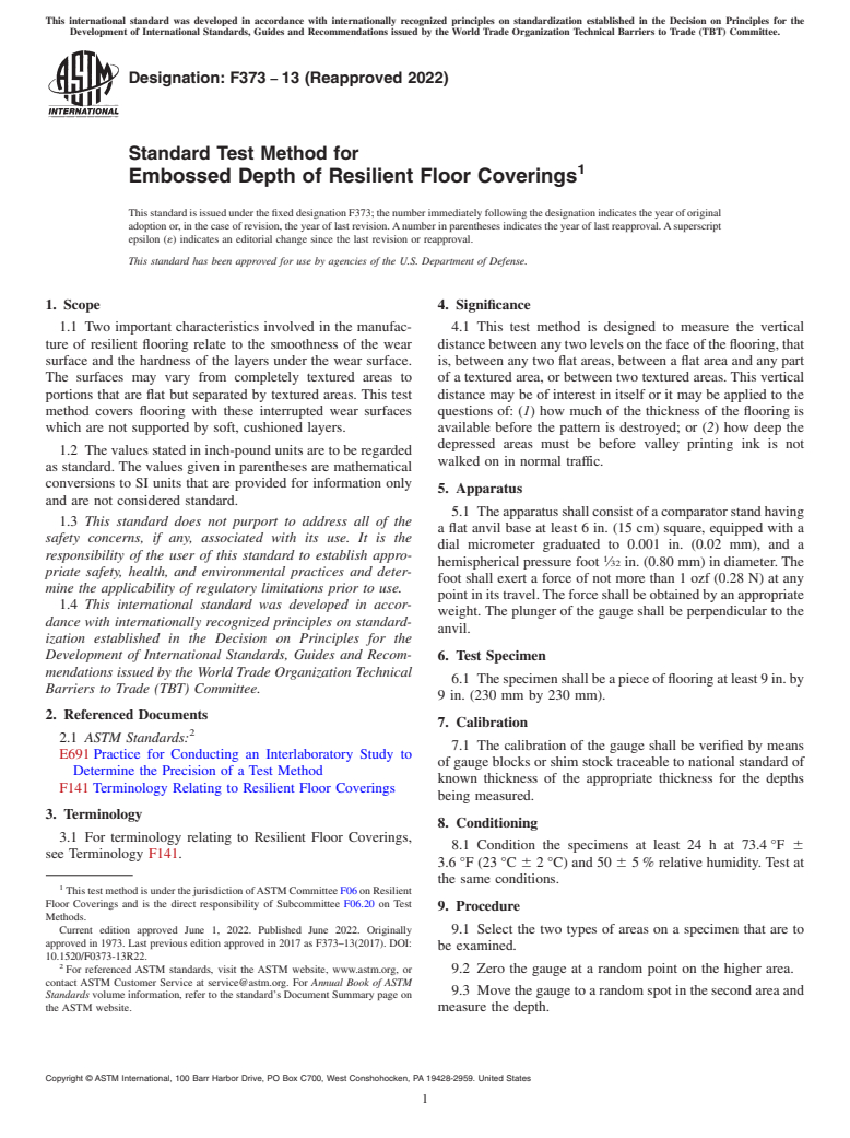 ASTM F373-13(2022) - Standard Test Method for  Embossed Depth of Resilient Floor Coverings