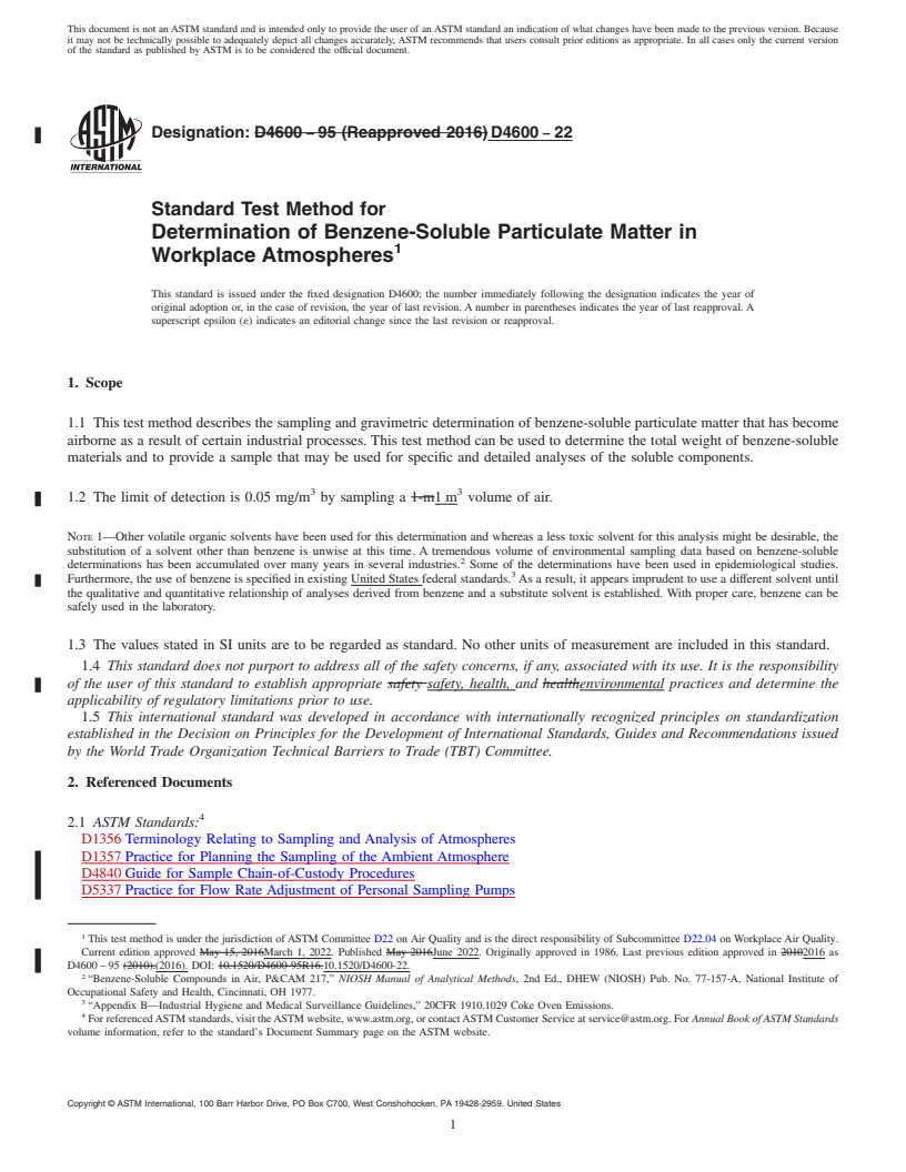 REDLINE ASTM D4600-22 - Standard Test Method for  Determination of Benzene-Soluble Particulate Matter in Workplace  Atmospheres