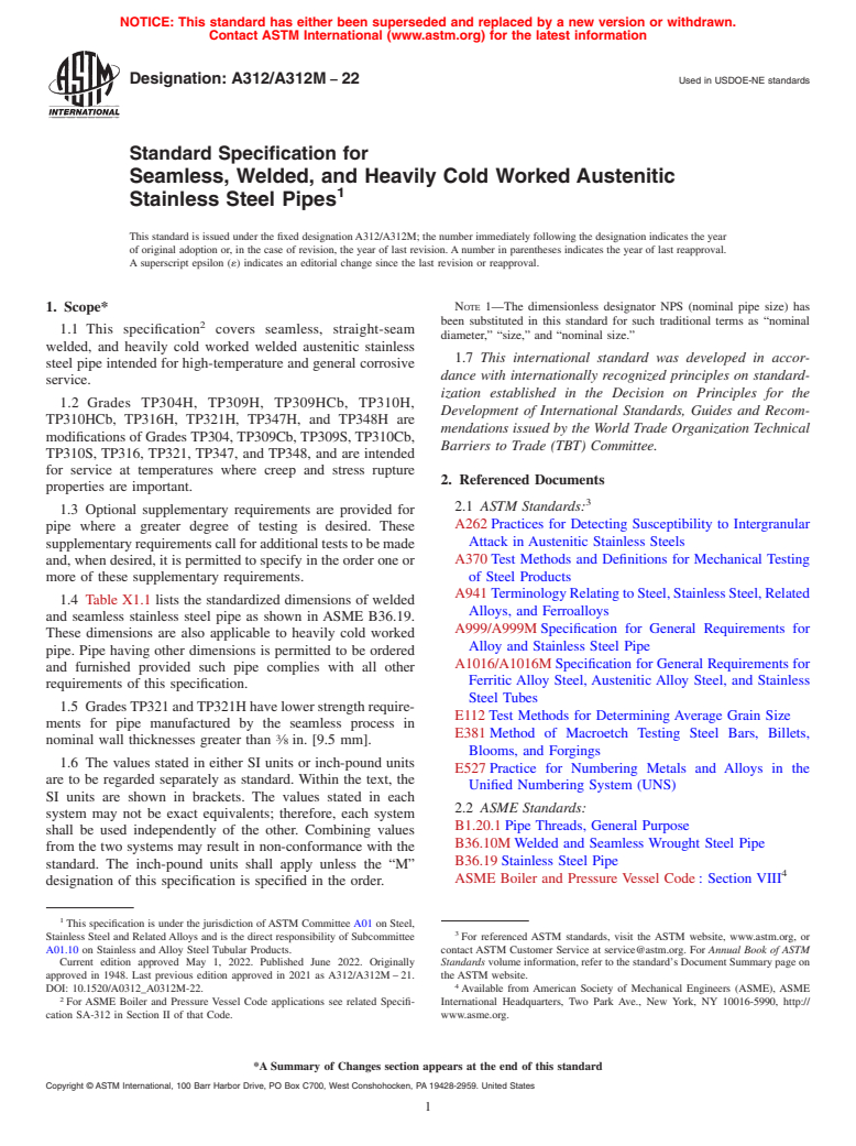 ASTM A312/A312M-22 - Standard Specification for  Seamless, Welded, and Heavily Cold Worked Austenitic Stainless  Steel Pipes