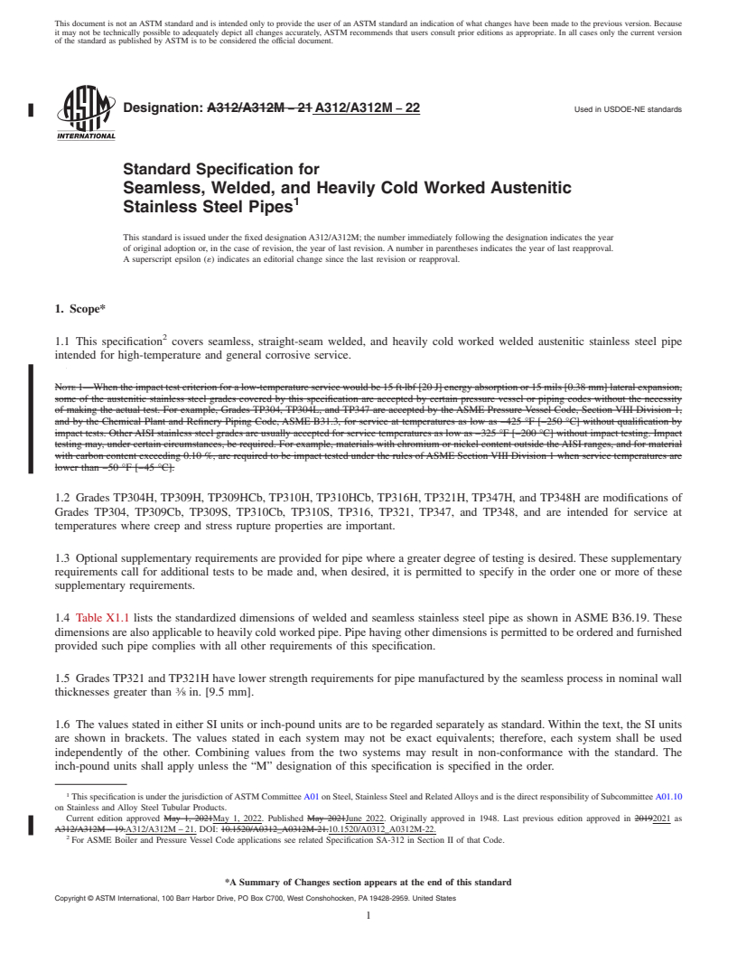 REDLINE ASTM A312/A312M-22 - Standard Specification for  Seamless, Welded, and Heavily Cold Worked Austenitic Stainless  Steel Pipes