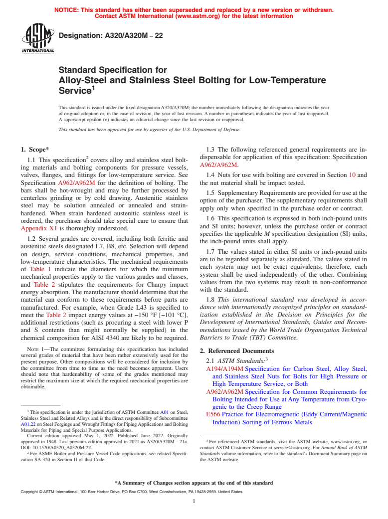 ASTM A320/A320M-22 - Standard Specification for  Alloy-Steel and Stainless Steel Bolting for Low-Temperature  Service