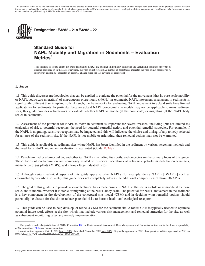 REDLINE ASTM E3282-22 - Standard Guide for NAPL Mobility and Migration in Sediments – Evaluation  Metrics