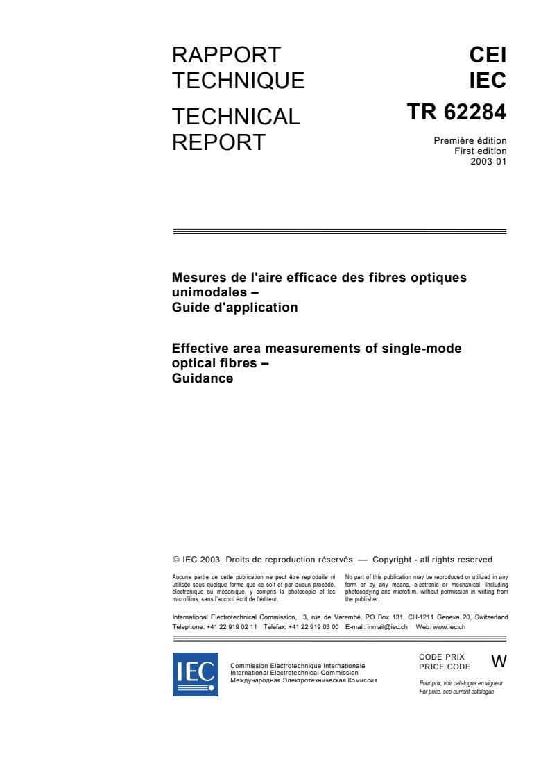 IEC TR 62284:2003 - Effective area measurements of single-mode optical fibres - Guidance