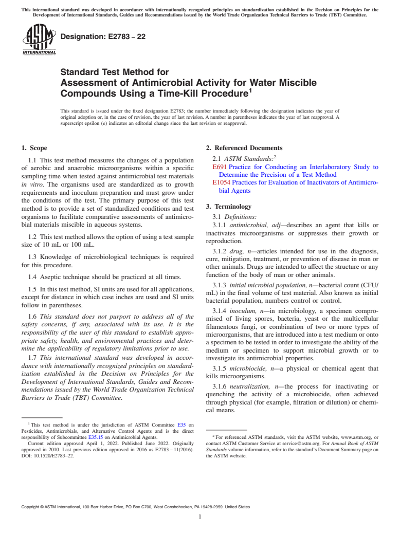ASTM E2783-22 - Standard Test Method for  Assessment of Antimicrobial Activity for Water Miscible Compounds  Using a Time-Kill Procedure