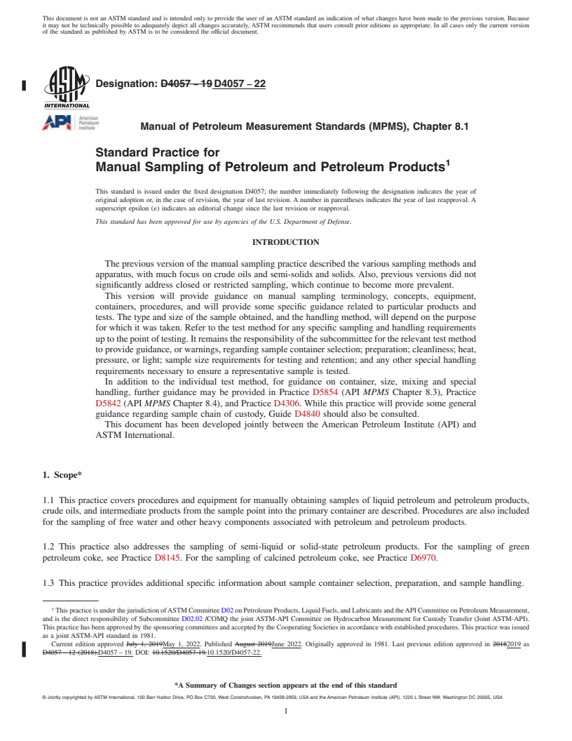 REDLINE ASTM D4057-22 - Standard Practice for Manual Sampling of Petroleum and Petroleum Products