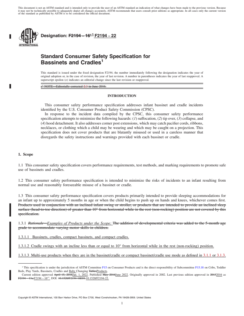 REDLINE ASTM F2194-22 - Standard Consumer Safety Specification for Bassinets and Cradles