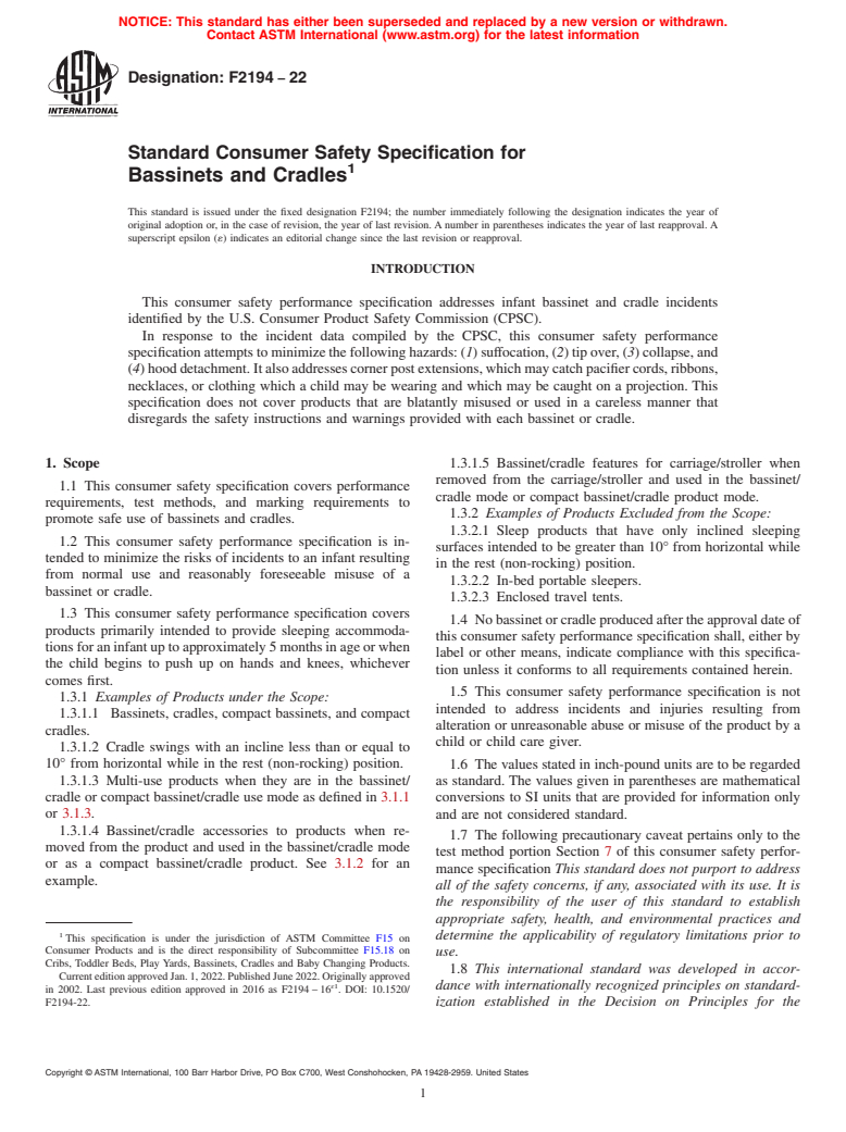 ASTM F2194-22 - Standard Consumer Safety Specification for Bassinets and Cradles