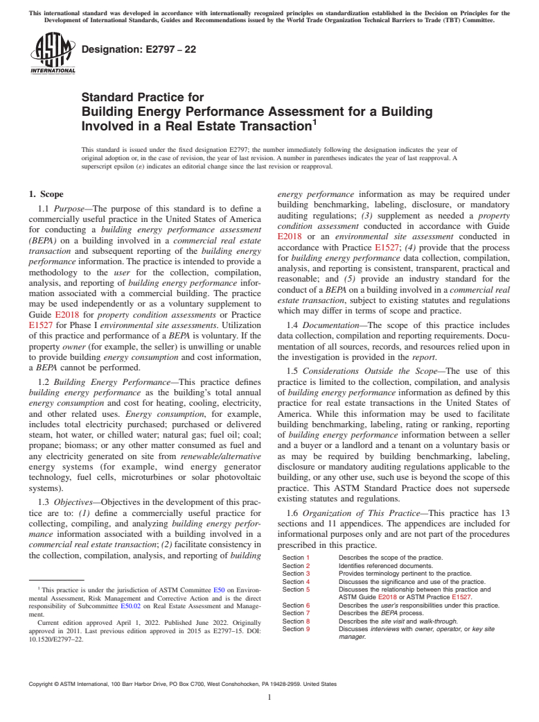 ASTM E2797-22 - Standard Practice for Building Energy Performance Assessment for a Building Involved  in a Real Estate Transaction