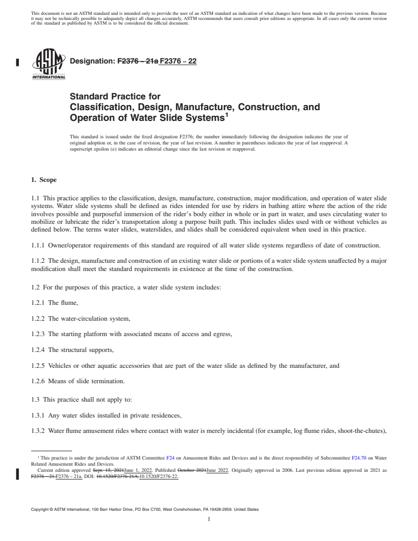 REDLINE ASTM F2376-22 - Standard Practice for Classification, Design, Manufacture, Construction, and Operation  of Water Slide Systems