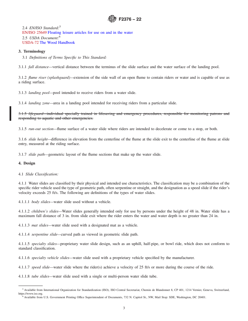 REDLINE ASTM F2376-22 - Standard Practice for Classification, Design, Manufacture, Construction, and Operation  of Water Slide Systems