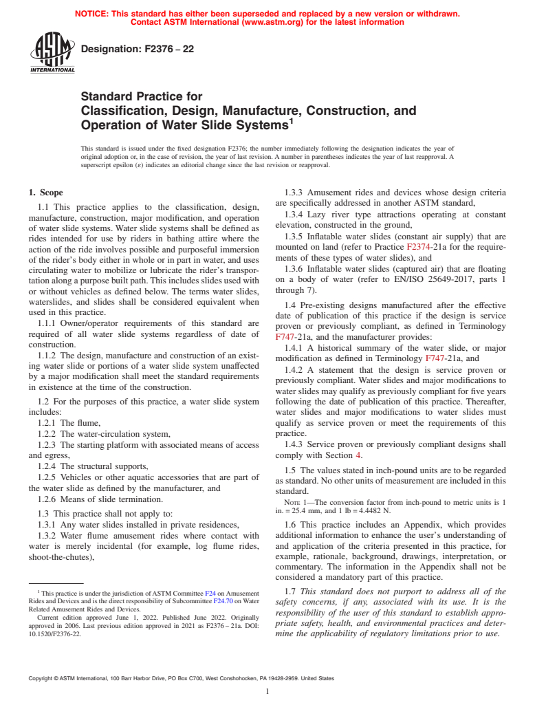 ASTM F2376-22 - Standard Practice for Classification, Design, Manufacture, Construction, and Operation  of Water Slide Systems