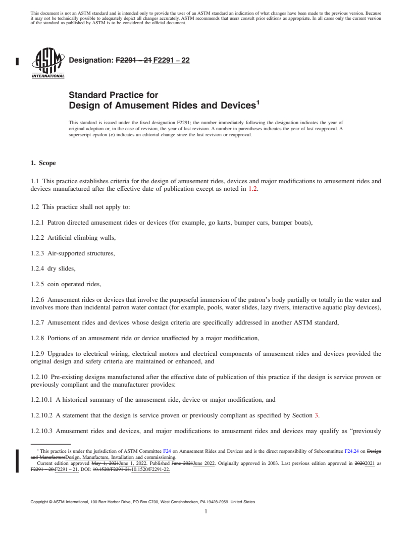 REDLINE ASTM F2291-22 - Standard Practice for Design of Amusement Rides and Devices