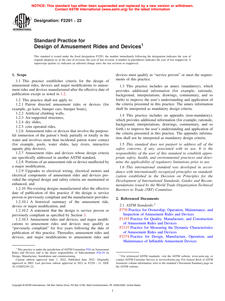 ASTM F2291-22 - Standard Practice for Design of Amusement Rides and Devices