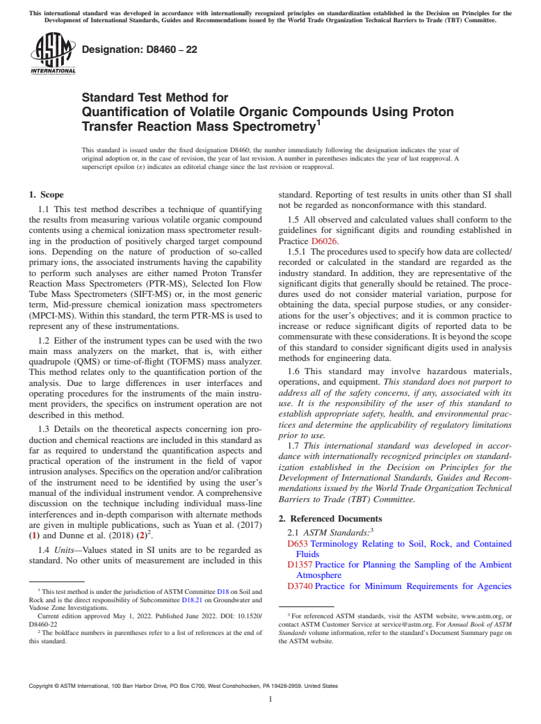 ASTM D8460-22 - Standard Test Method for Quantification of Volatile Organic Compounds Using Proton Transfer  Reaction Mass Spectrometry