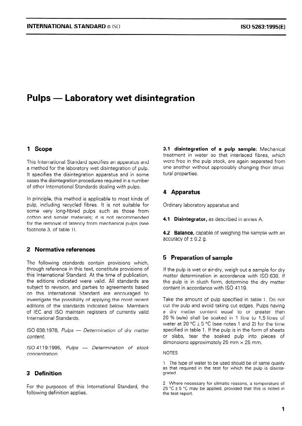 ISO 5263:1995 - Pulps -- Laboratory wet disintegration