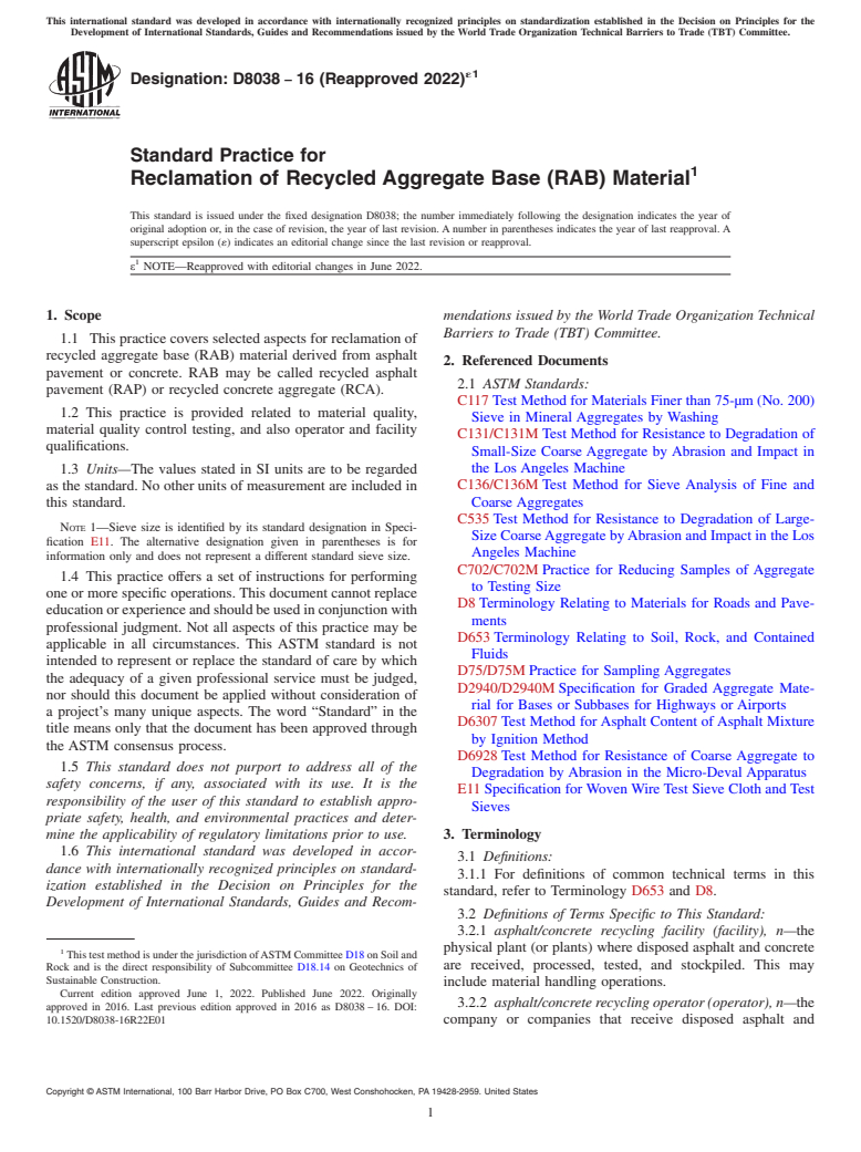 ASTM D8038-16(2022)e1 - Standard Practice for Reclamation of Recycled Aggregate Base (RAB) Material