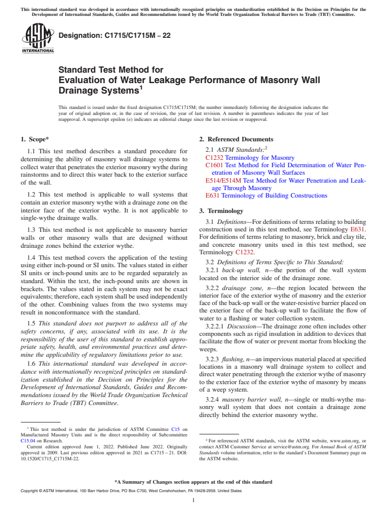 ASTM C1715/C1715M-22 - Standard Test Method for Evaluation of Water Leakage Performance of Masonry Wall Drainage  Systems