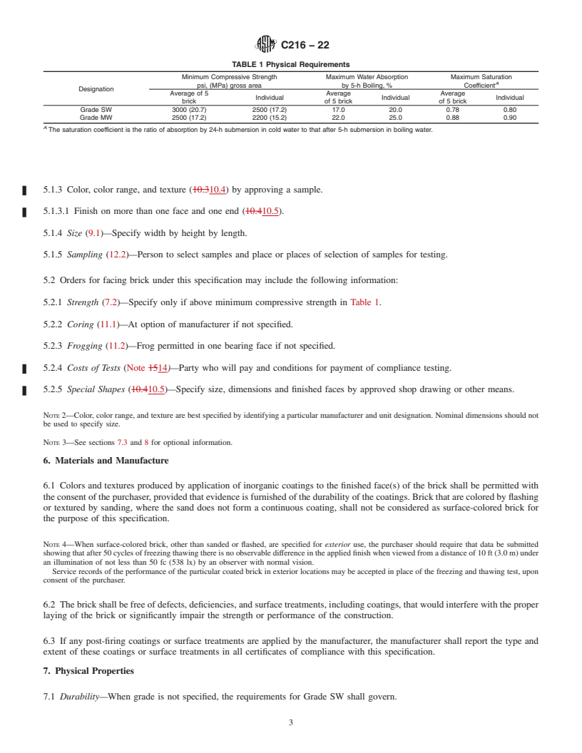 REDLINE ASTM C216-22 - Standard Specification for  Facing Brick (Solid Masonry Units Made from Clay or Shale)