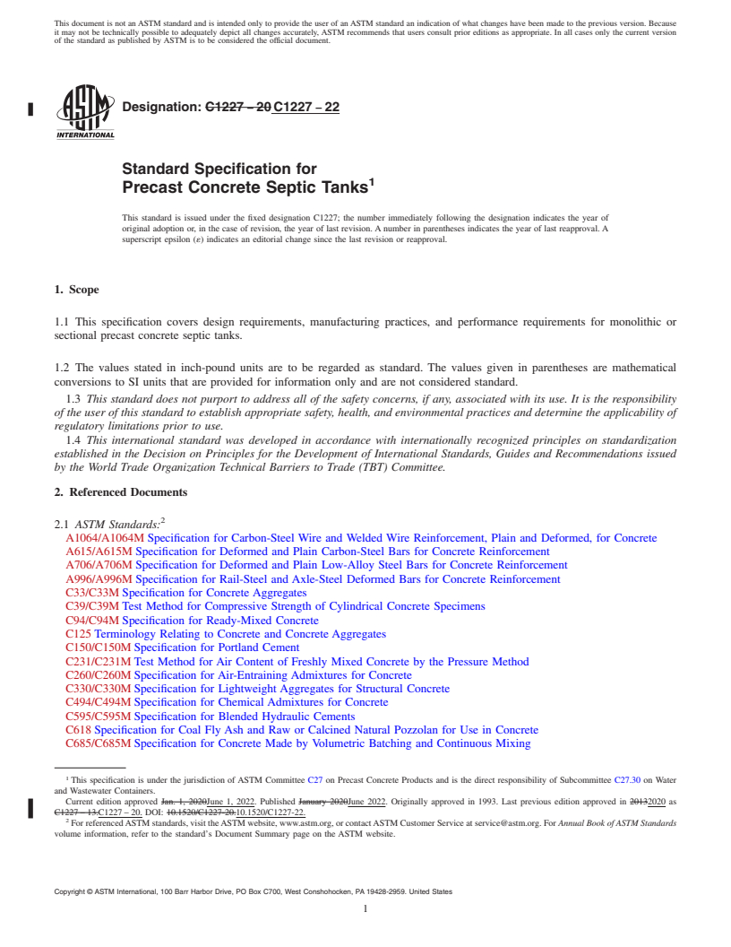 REDLINE ASTM C1227-22 - Standard Specification for Precast Concrete Septic Tanks