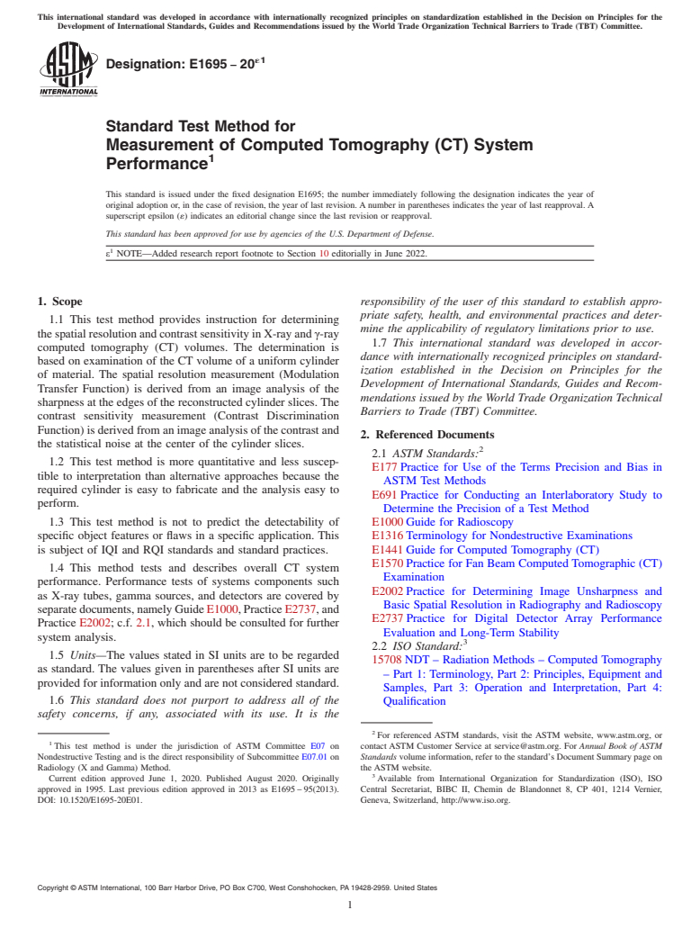 ASTM E1695-20e1 - Standard Test Method for  Measurement of Computed Tomography (CT) System Performance