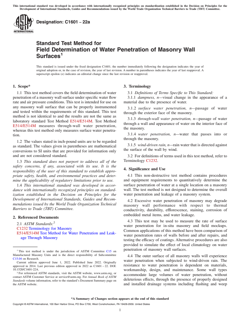 ASTM C1601-22a - Standard Test Method for Field Determination of Water Penetration of Masonry Wall Surfaces