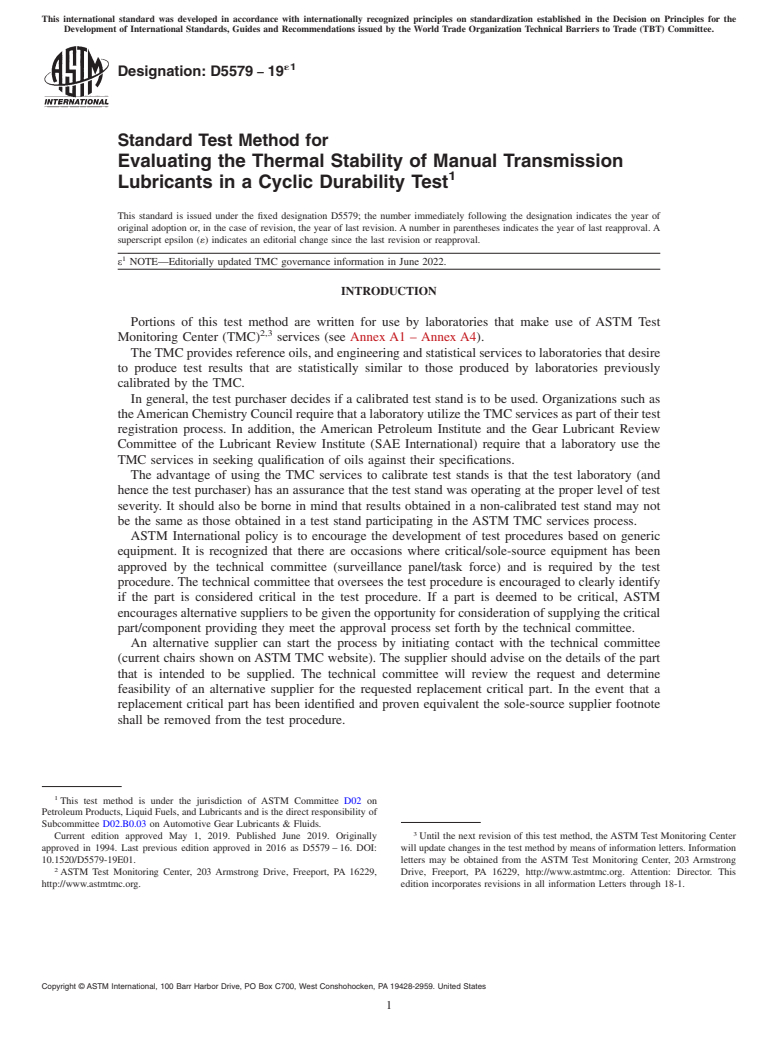 ASTM D5579-19e1 - Standard Test Method for Evaluating the Thermal Stability of Manual Transmission Lubricants  in a Cyclic Durability Test