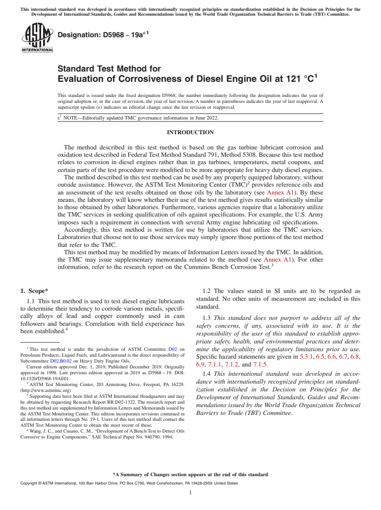 ASTM D5968-19ae1 - Standard Test Method for  Evaluation of Corrosiveness of Diesel Engine Oil at 121 °C