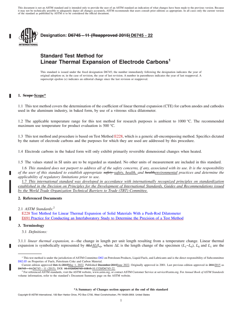 REDLINE ASTM D6745-22 - Standard Test Method for  Linear Thermal Expansion of Electrode Carbons