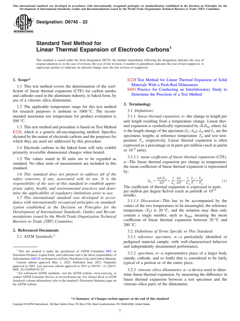 ASTM D6745-22 - Standard Test Method for  Linear Thermal Expansion of Electrode Carbons