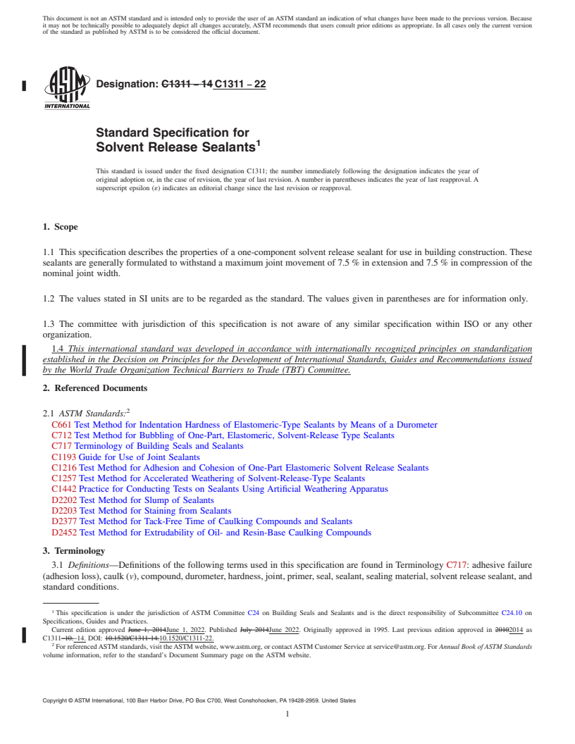 REDLINE ASTM C1311-22 - Standard Specification for  Solvent Release Sealants