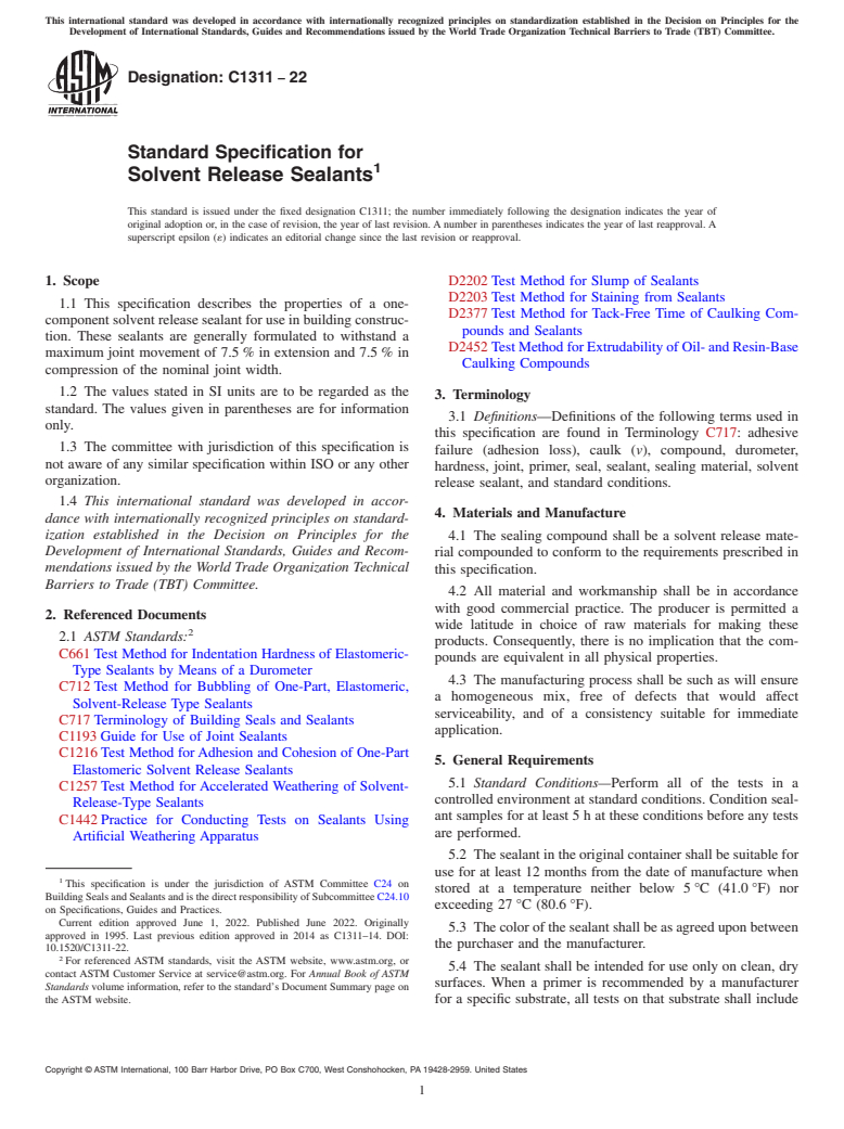 ASTM C1311-22 - Standard Specification for  Solvent Release Sealants