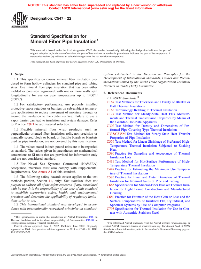 ASTM C547-22 - Standard Specification for Mineral Fiber Pipe Insulation