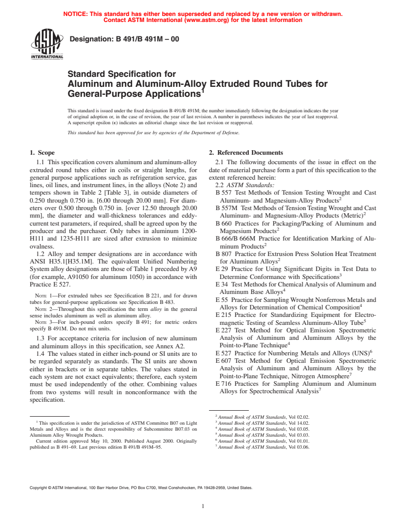 ASTM B491/B491M-00 - Standard Specification for Aluminum and Aluminum-Alloy Extruded Round Tubes for General-Purpose Applications