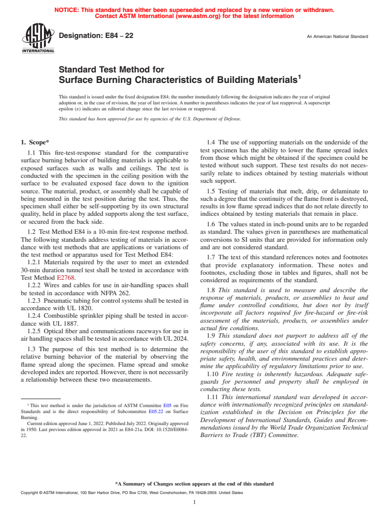 ASTM E84-22 - Standard Test Method for  Surface Burning Characteristics of Building Materials