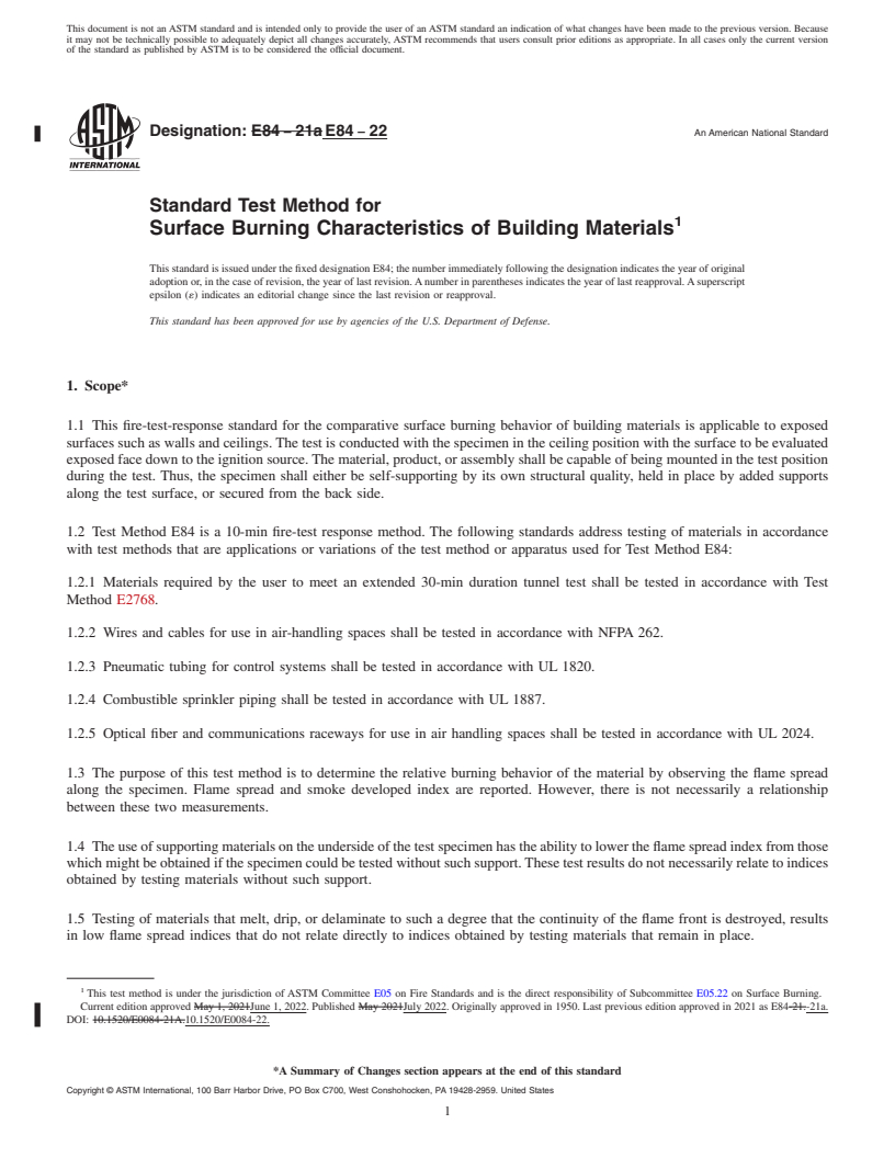 REDLINE ASTM E84-22 - Standard Test Method for  Surface Burning Characteristics of Building Materials