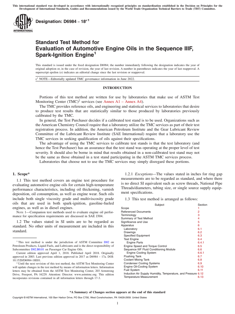 ASTM D6984-18e1 - Standard Test Method for Evaluation of Automotive Engine Oils in the Sequence IIIF,  Spark-Ignition Engine