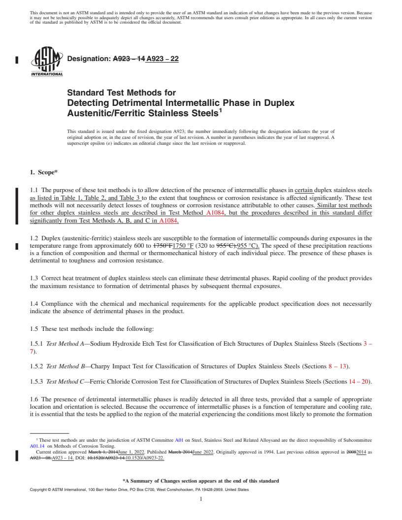 REDLINE ASTM A923-22 - Standard Test Methods for  Detecting Detrimental Intermetallic Phase in Duplex Austenitic/Ferritic  Stainless Steels
