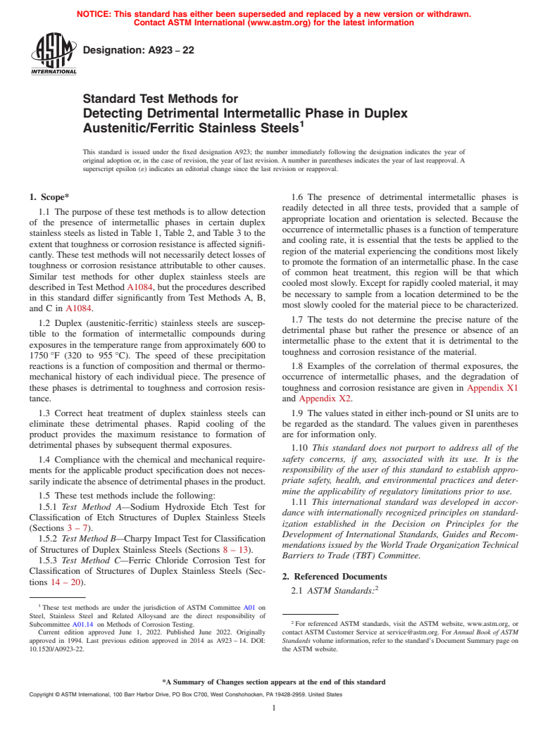 ASTM A923-22 - Standard Test Methods for  Detecting Detrimental Intermetallic Phase in Duplex Austenitic/Ferritic  Stainless Steels