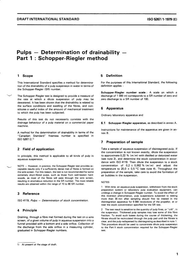 ISO 5267-1:1979 - Pulps -- Determination of drainability