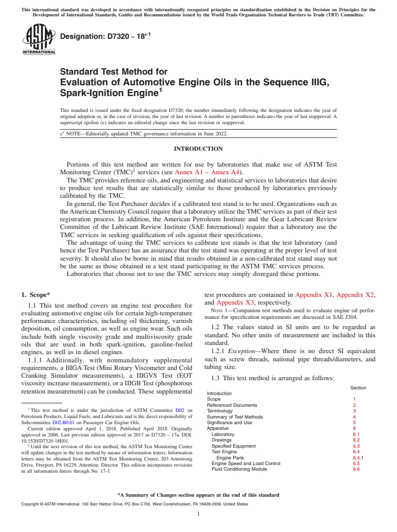 ASTM D7320-18e1 - Standard Test Method for Evaluation of Automotive Engine Oils in the Sequence IIIG,  Spark-Ignition Engine