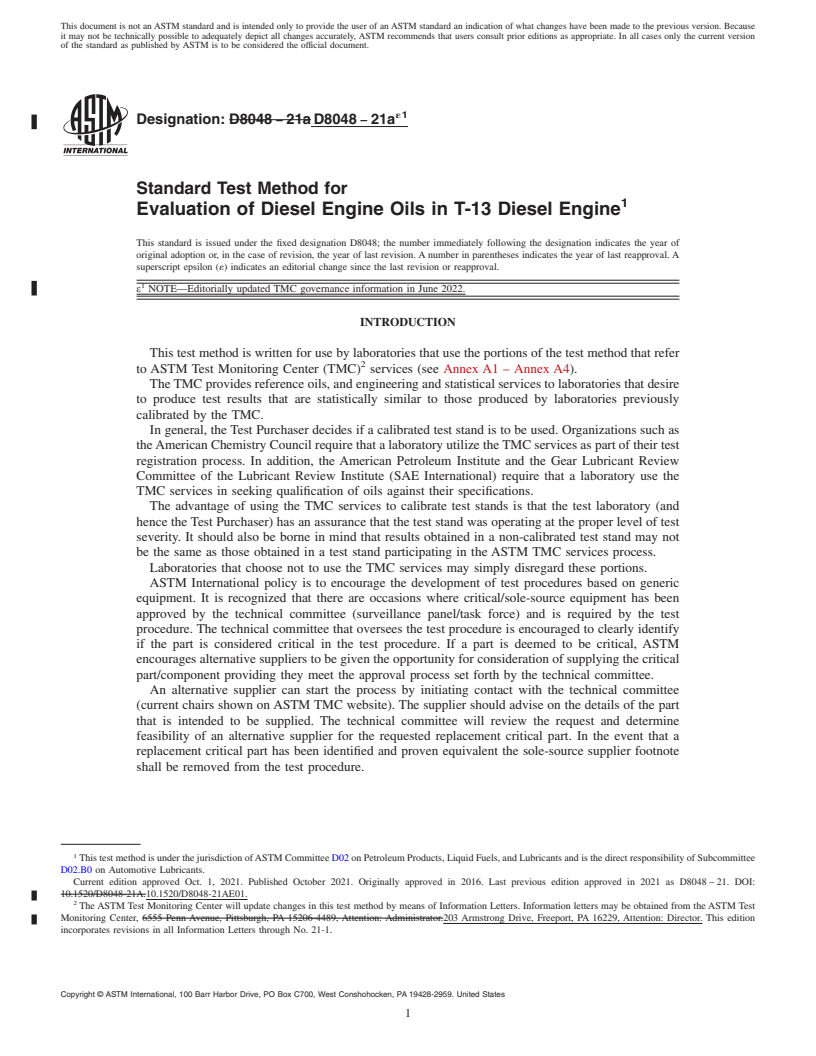 REDLINE ASTM D8048-21ae1 - Standard Test Method for Evaluation of Diesel Engine Oils in T-13 Diesel Engine