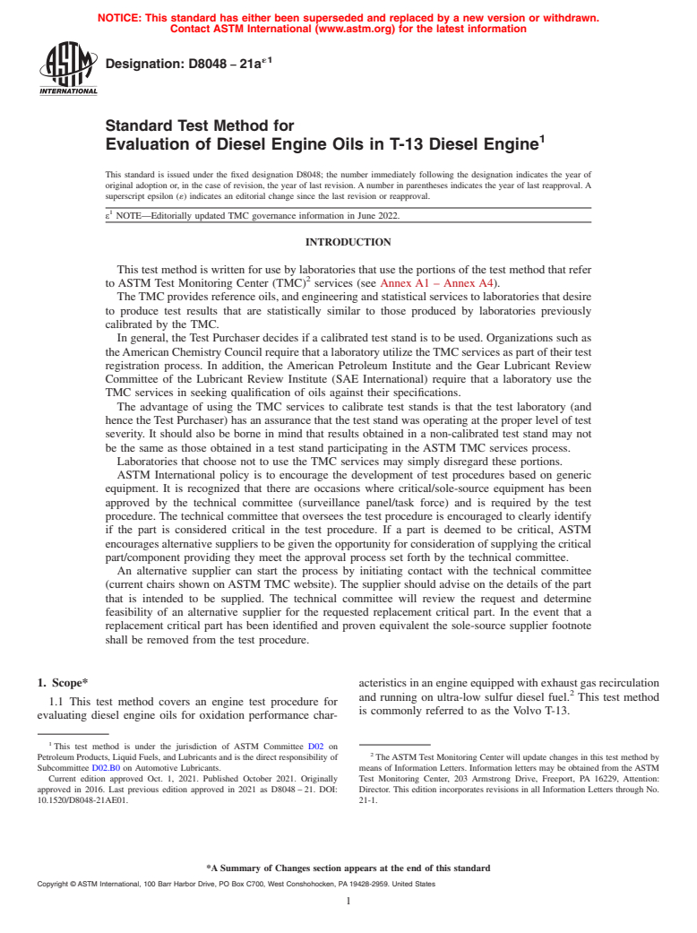 ASTM D8048-21ae1 - Standard Test Method for Evaluation of Diesel Engine Oils in T-13 Diesel Engine